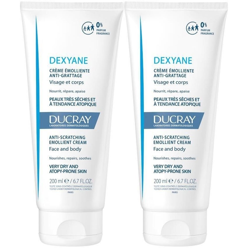 Deux tubes blancs de DUCRAY DEXYANE Crème émolliente anti-grattage. Inscriptions en français et anglais. 0% parfum.