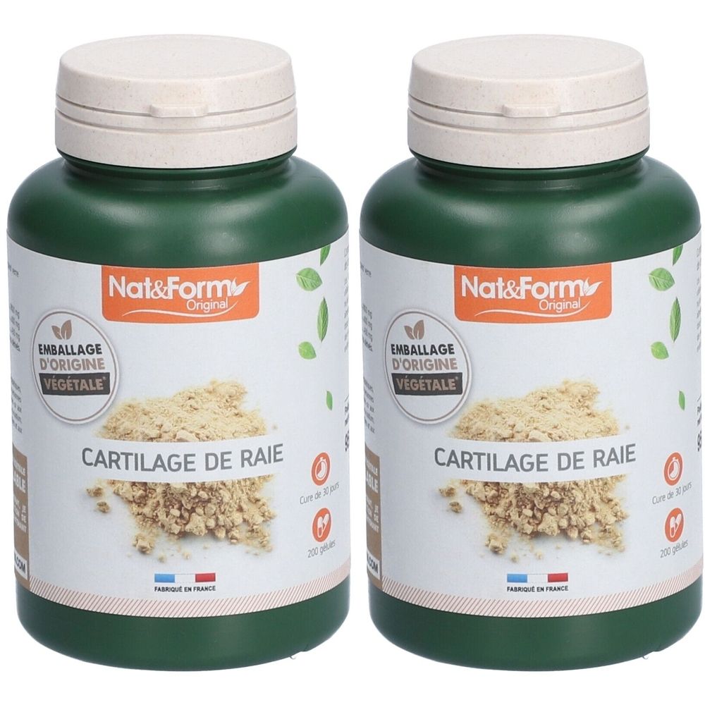 Deux flacons verts avec couvercles blancs. Inscription: Nat&Form, CARTILAGE DE RAIE. Emballage d'origine végétale.