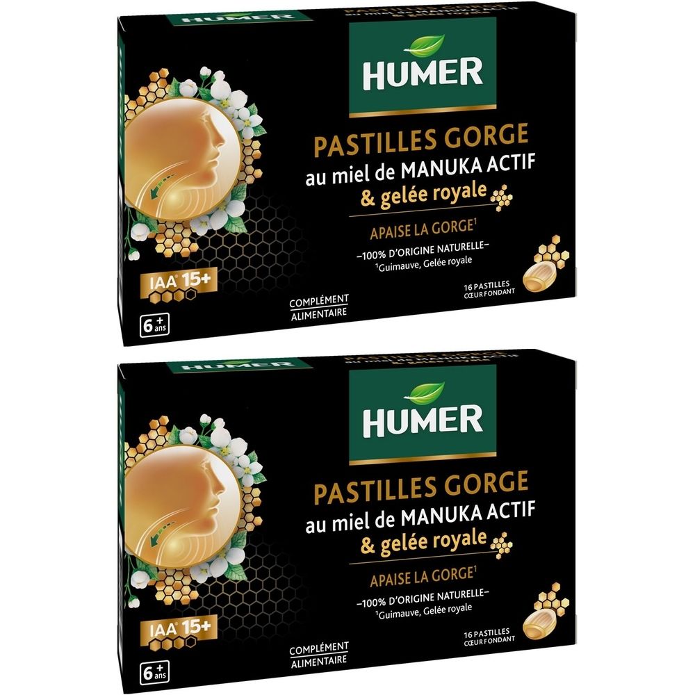 Deux boîtes noires avec informations produit. Inscription HUMER, PASTILLES GORGE, miel de Manuka et gelée royale. IAA 15+.