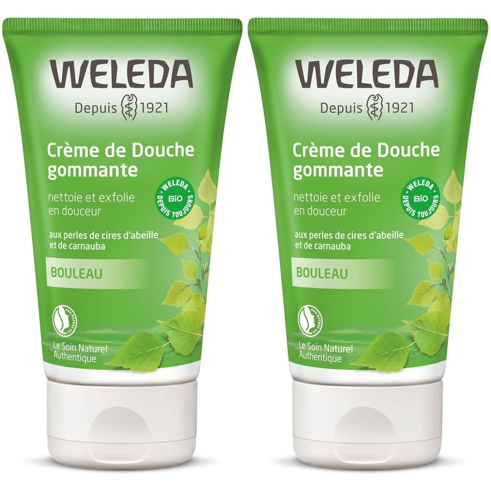 Deux tubes verts avec bouchon blanc. Inscription: WELEDA, Crème de Douche gommante, BOULEAU. Label bio.