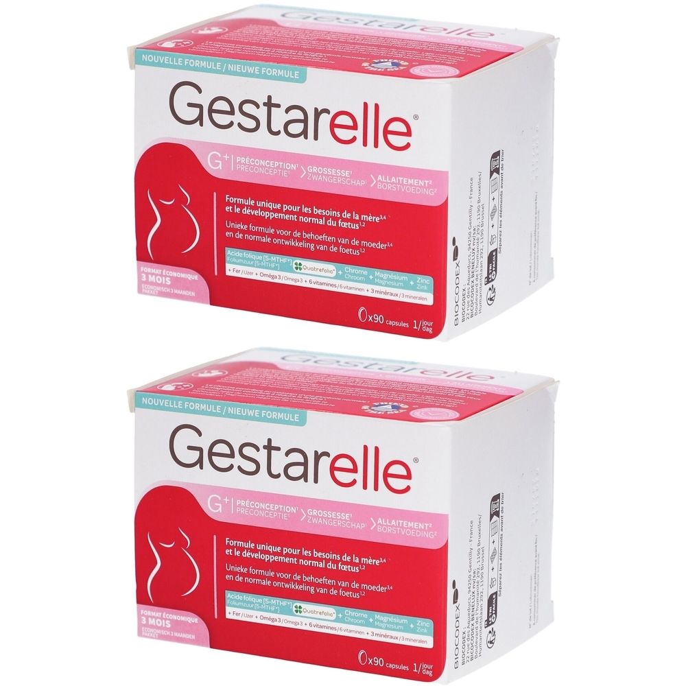 Deux boîtes blanches avec texte rose et rouge. Inscription : Gestarelle G+. Illustration d'une femme enceinte.
