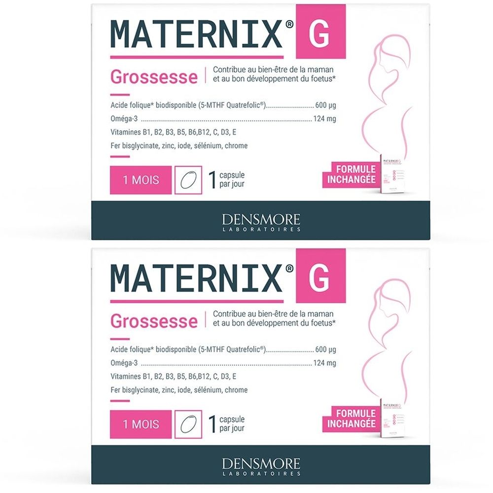 Deux boîtes de Densmore Maternix® G Grossesse. Inscription : 1 mois, 1 capsule par jour. Contient vitamines et minéraux.