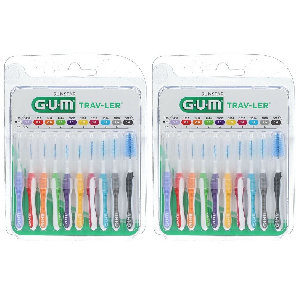 Deux blisters de brossettes interdentaires de voyage. Chaque paquet contient des brossettes de différentes couleurs et tailles.