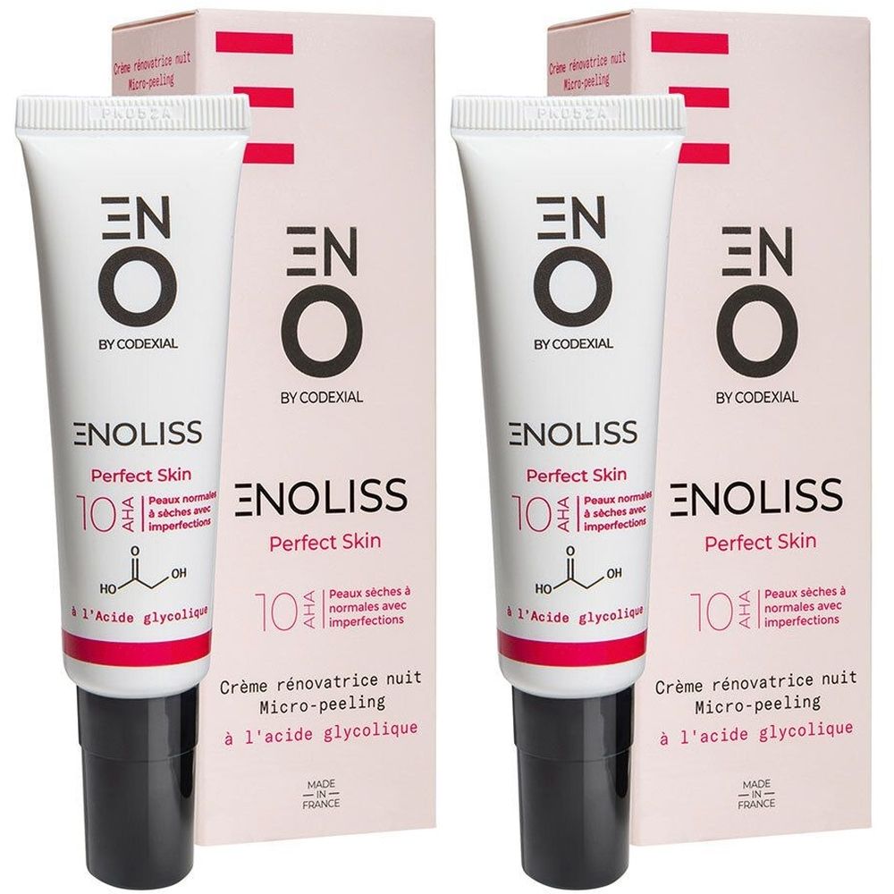 Deux tubes et emballages ENOLISS Perfect Skin. Tubes blancs avec bouchon noir, accents roses et texte. Boîtes avec texte.