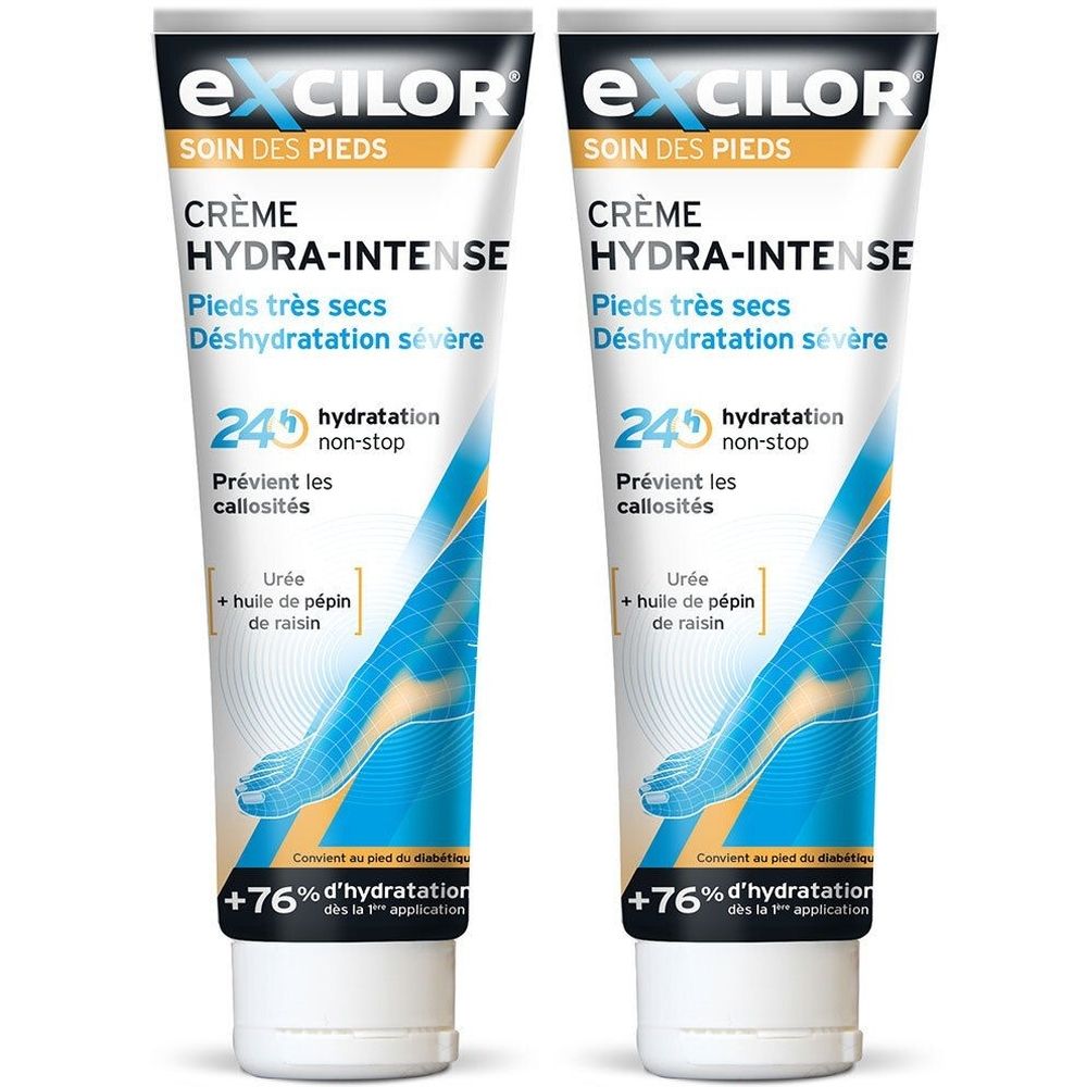 Deux tubes de crème pour les pieds. Inscription: EXCILOR, Crème Hydra-Intense, pour pieds très secs. Hydratation 24h.