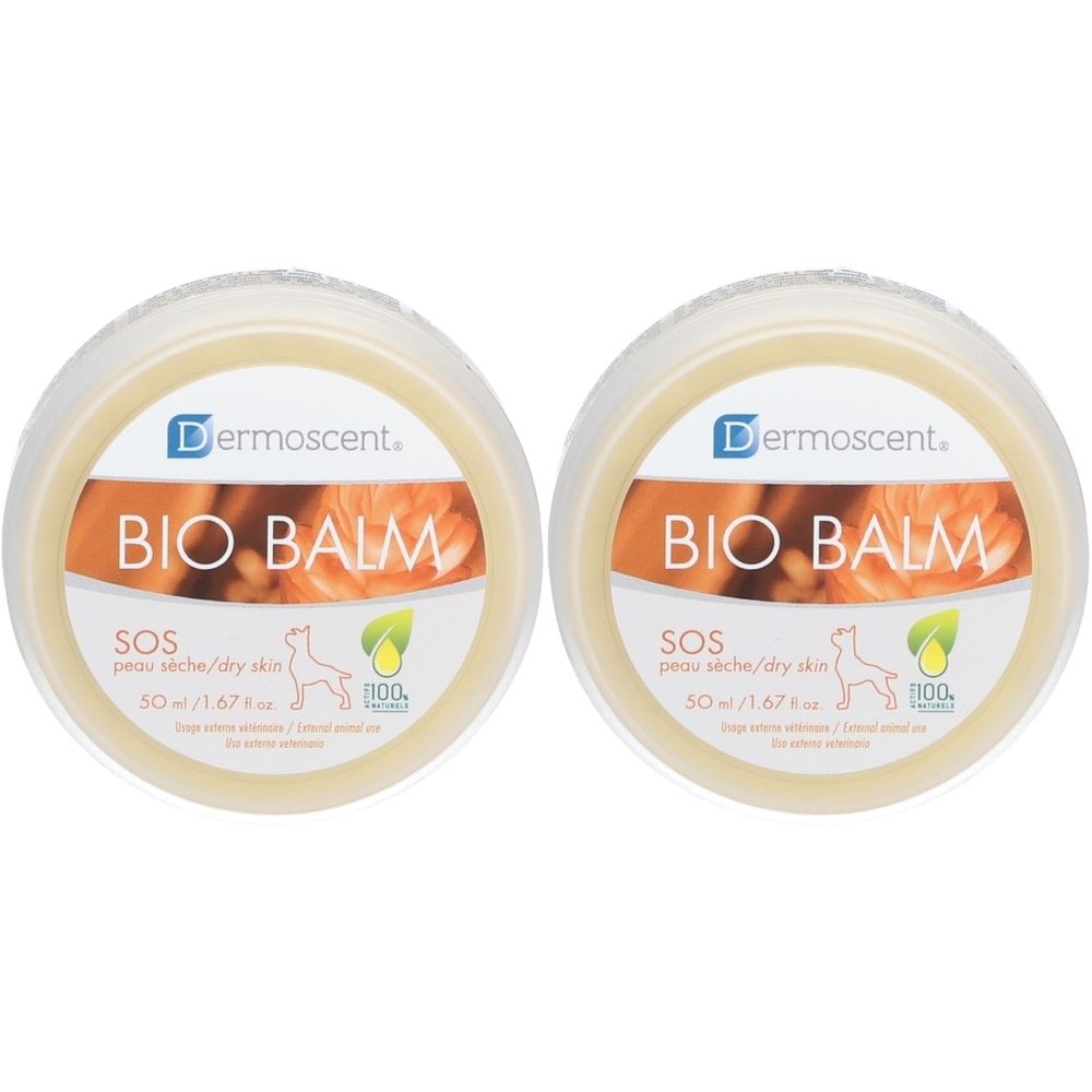 Deux pots ronds BIO BALM. Texte: SOS, peau sèche/dry skin. Logo: Dermoscent. Ingrédients 100% naturels.