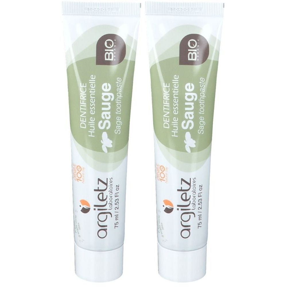 Deux tubes de dentifrice. Inscription : "DENTIFRICE Huile essentielle Sauge Sage toothpaste". Marque : Argiletz. Certification Bio.