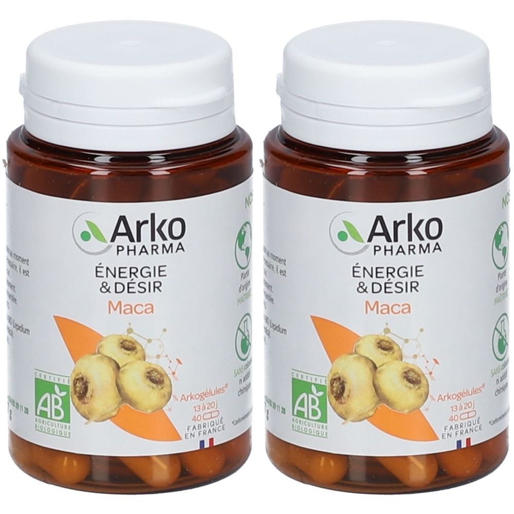 Deux flacons de gélules. Inscription: Arko Pharma, Énergie & Désir, Maca. Certification bio. Flacons bruns, bouchons blancs.