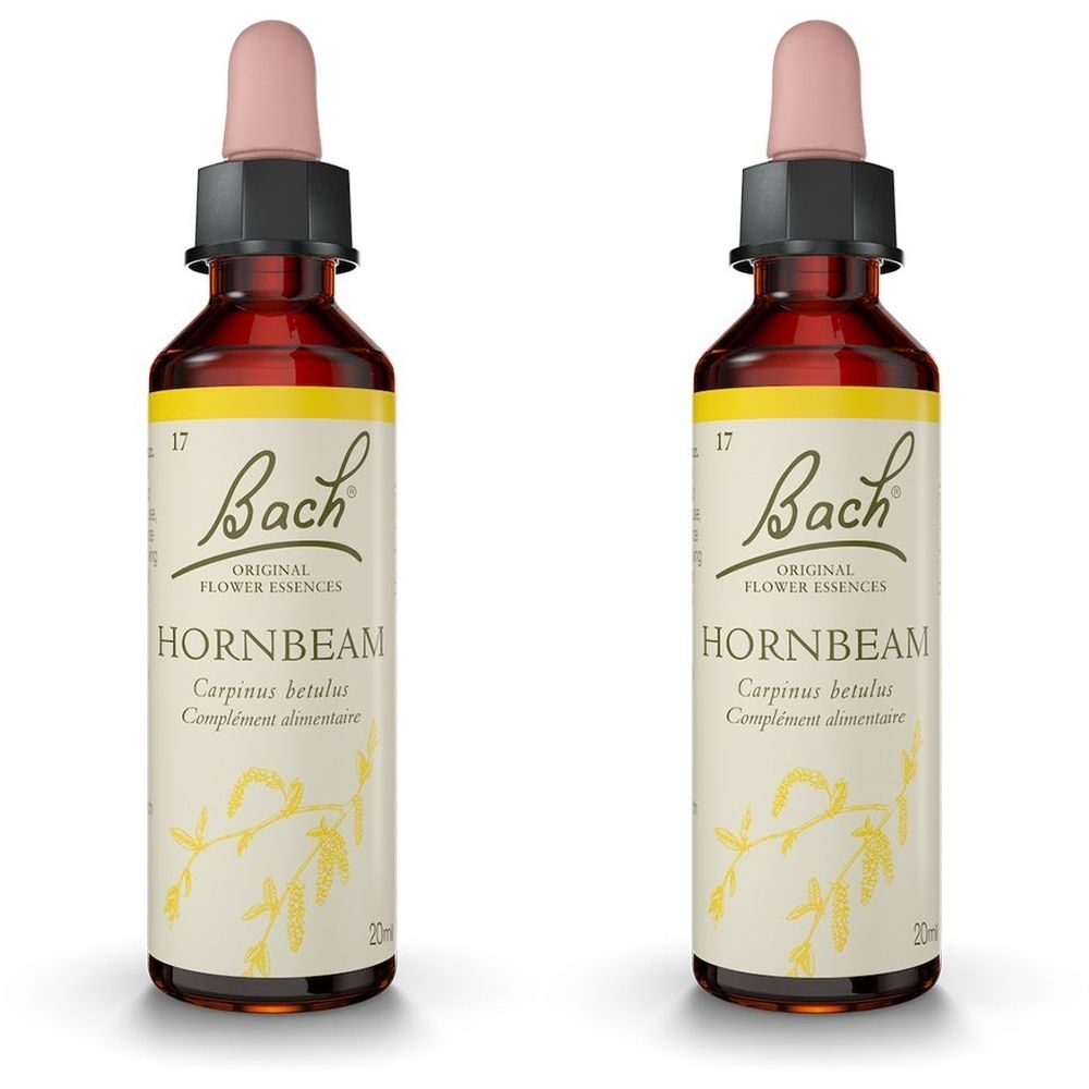 Deux flacons bruns avec pipettes roses. Étiquettes avec "Bach Original Flower Essences" et "Hornbeam". Complément alimentaire.