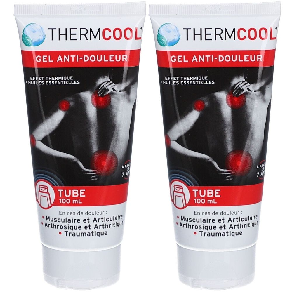 Deux tubes de ThermCool Gel Anti-Douleur. Tubes blancs avec texte rouge et noir. Illustration d'un corps humain.
