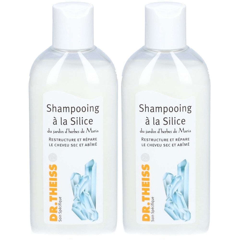 Deux flacons de shampooing avec un contenu blanc et des bouchons blancs. Les étiquettes indiquent "Shampooing à la Silice" et "DR. THEISS".