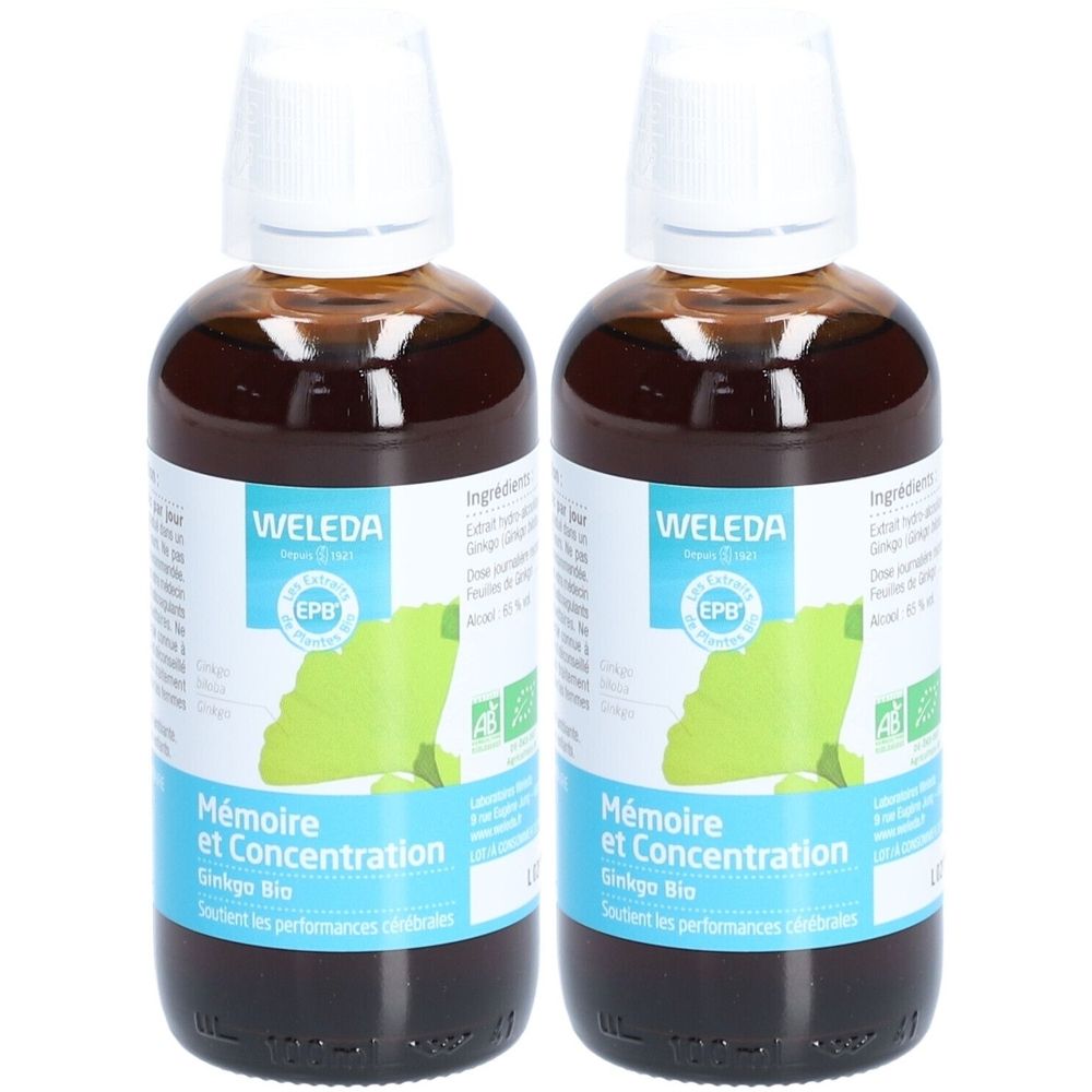 Deux flacons de Weleda EPB Ginkgo Bio. Inscription : Mémoire et Concentration. Logo de feuille verte. Liquide brun dans des flacons en verre à bouchon blanc.