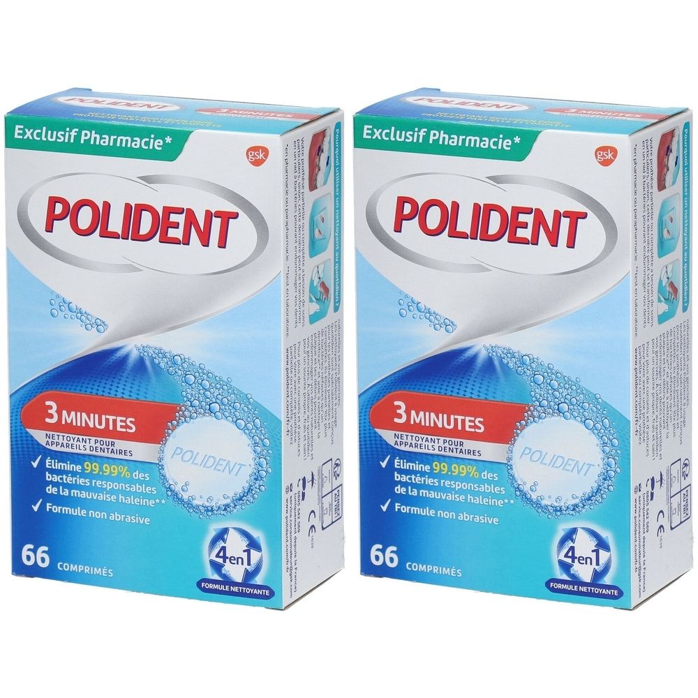 Deux boîtes de nettoyant pour appareils dentaires Polident 3 minutes. Emballage bleu et blanc avec nom du produit et 66 comprimés.