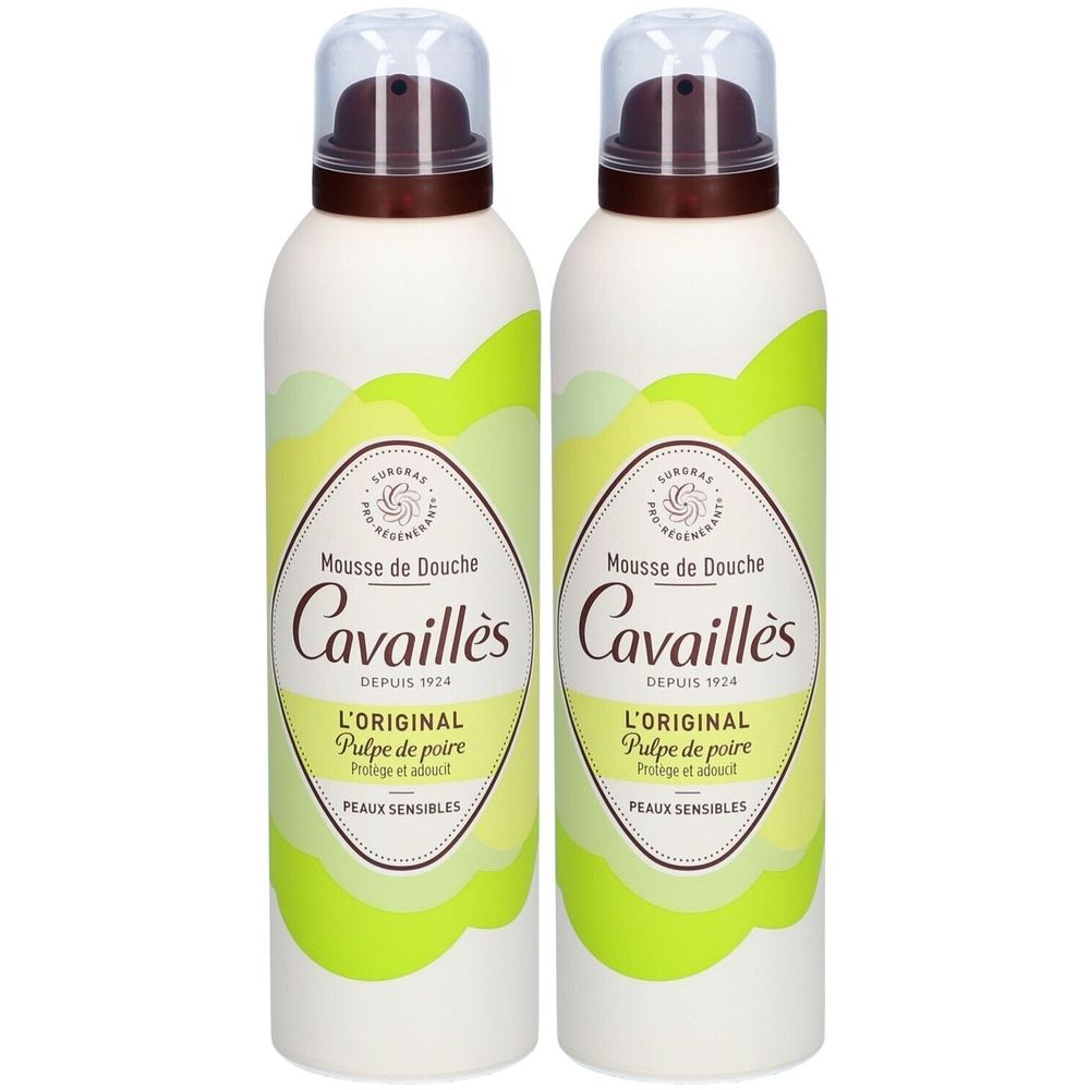 Deux flacons blancs avec pompes marron. Inscription: Mousse de Douche Cavaillès, L'Original Pulpe de poire, Peaux sensibles.