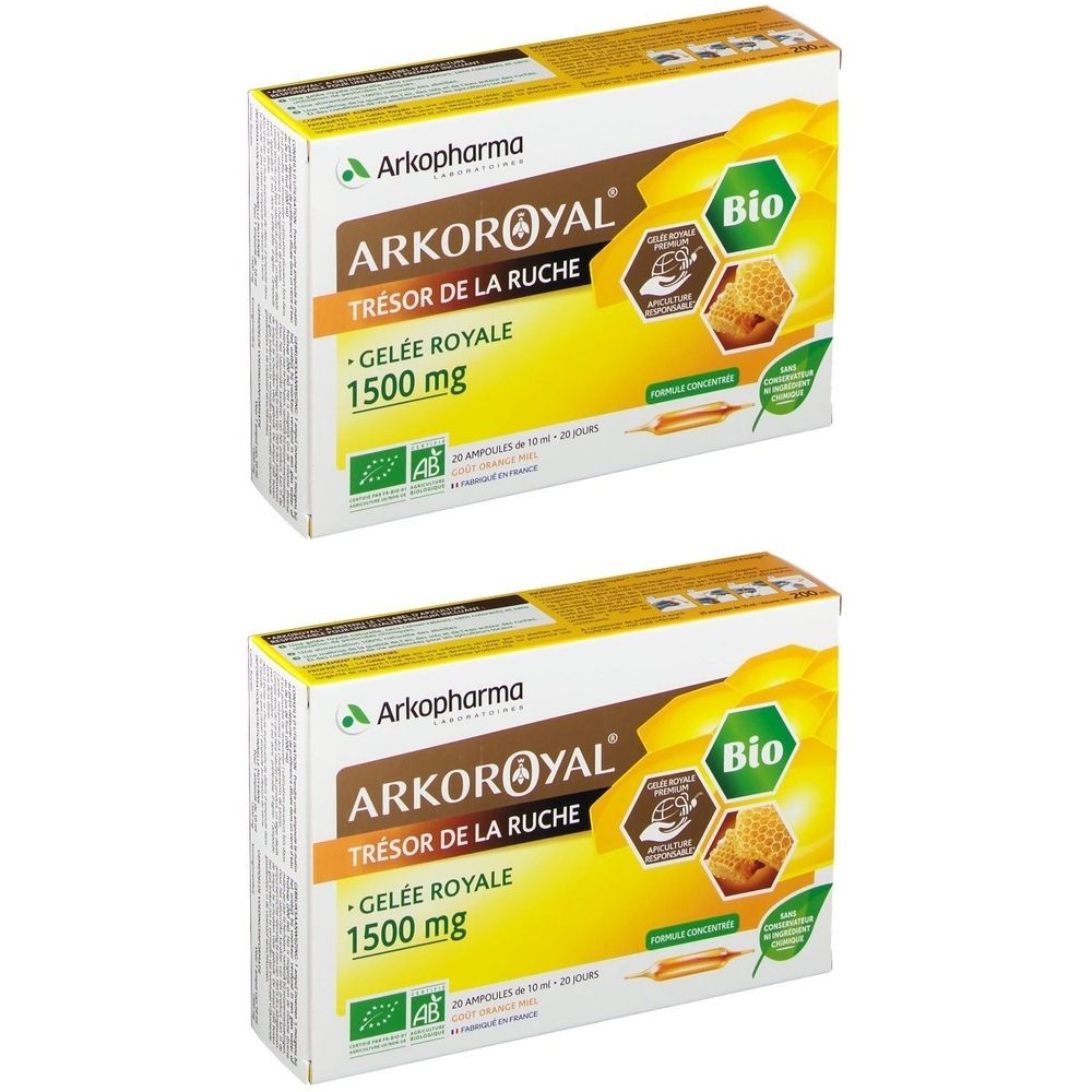 Deux boîtes ARKOROYAL, Gelée Royale 1500 mg, label Bio. Emballage jaune et blanc avec informations produit.