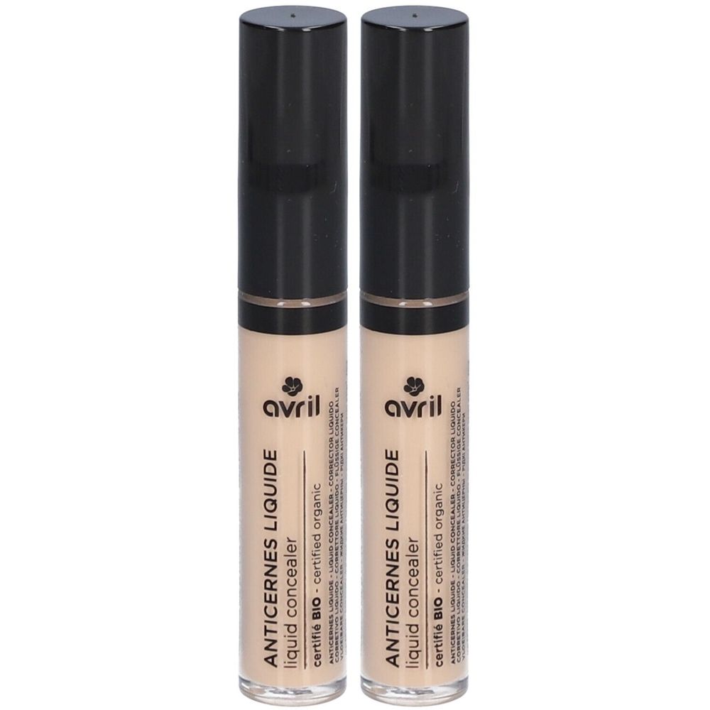 Deux correcteurs liquides. Bouchon noir, tube beige. Inscription: Avril Anticernes Liquide, certifié Bio.