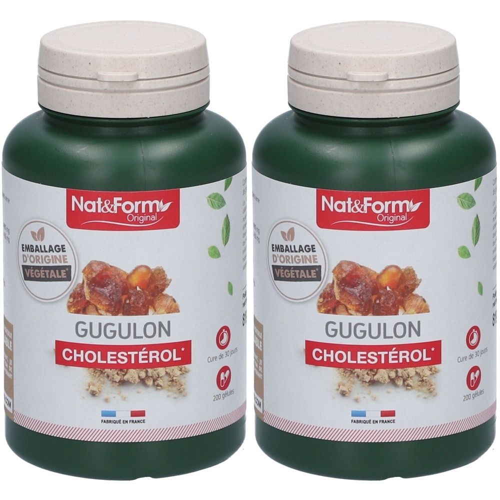 Deux flacons verts avec bouchons blancs. Étiquettes avec "Nat&Form Original GUGULON CHOLESTÉROL".