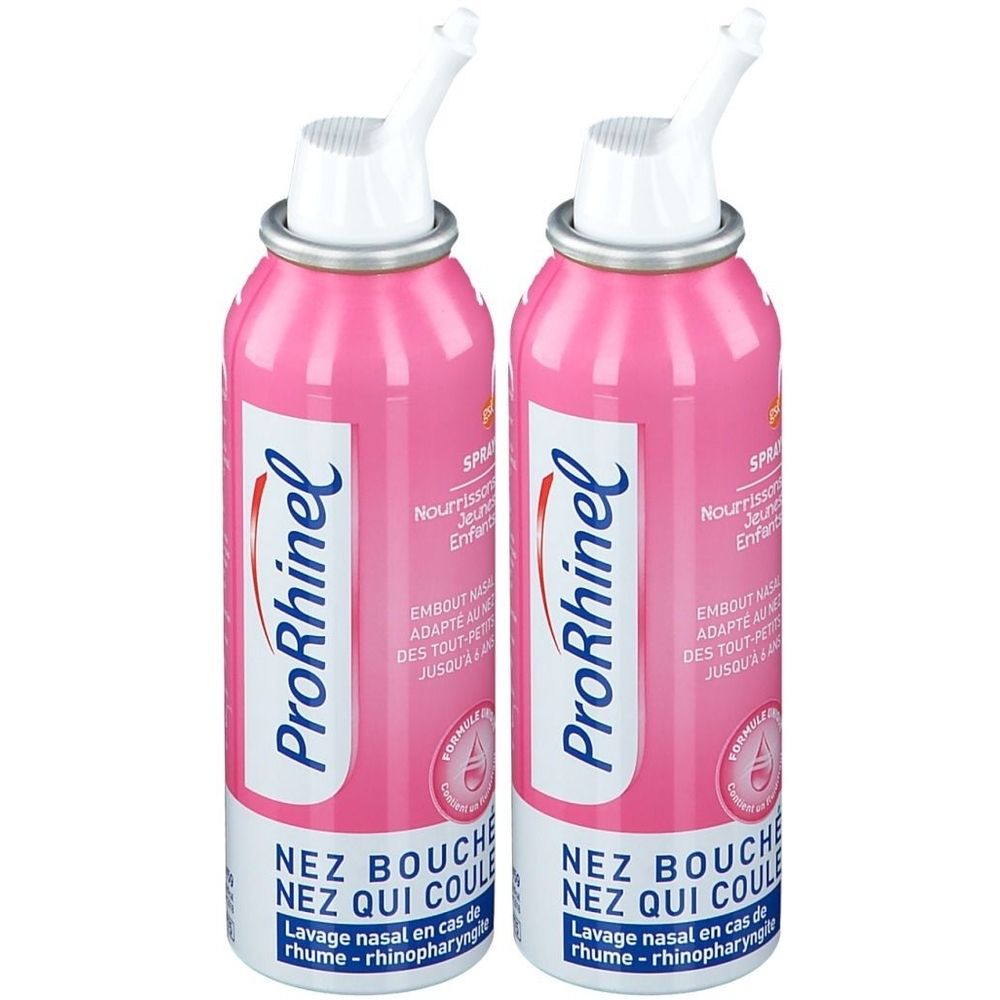 Deux sprays roses avec embout blanc. Inscription ProRhinel et texte en français.