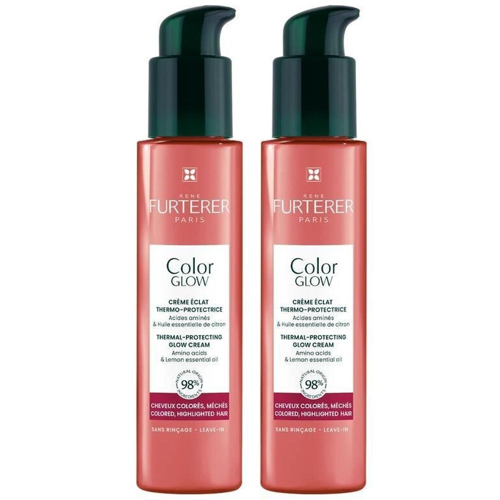 Deux flacons de crème Color Glow de René Furterer. Flacons roses avec pompes vertes. Texte : Color Glow, Crème éclat.