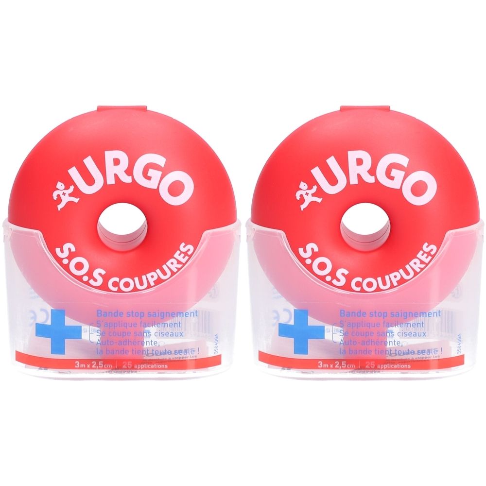 Deux produits rouges en forme d'anneau avec l'inscription "URGO S.O.S COUPURES". Ils sont dans des contenants transparents avec une croix bleue.