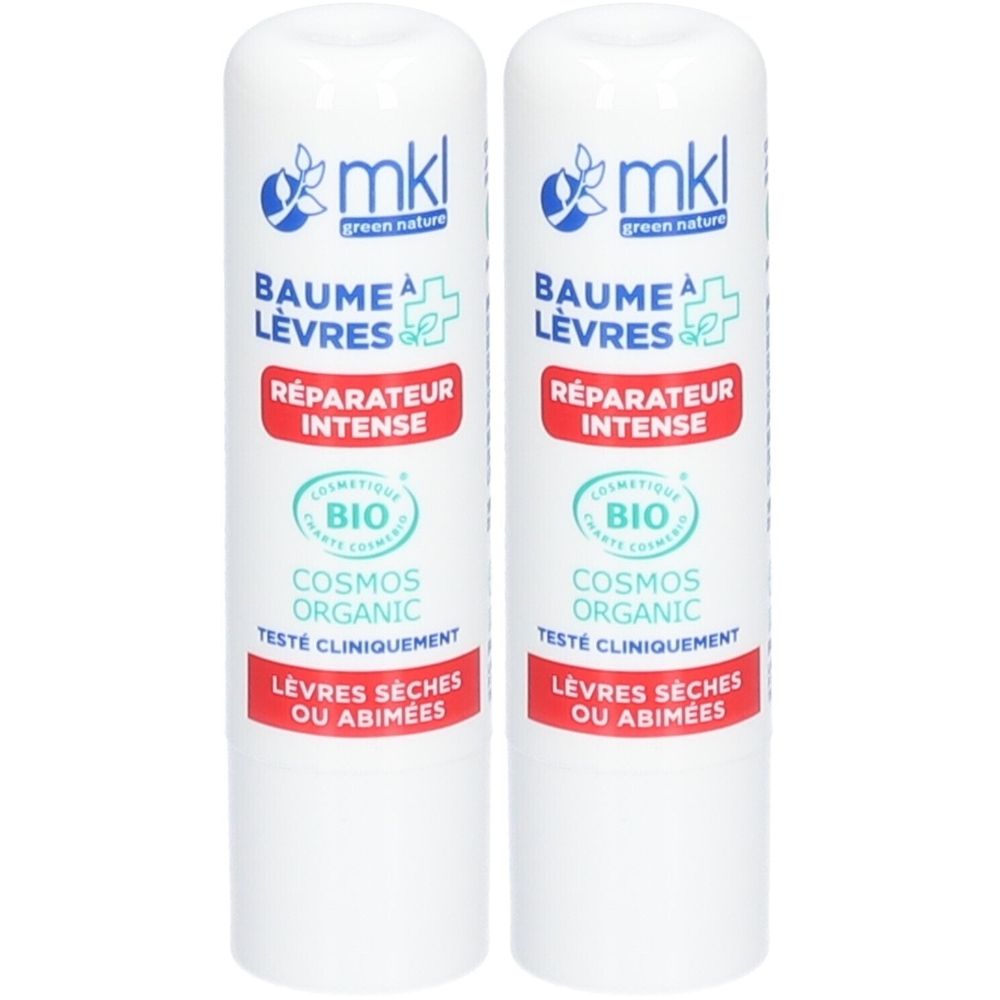 Deux sticks de baume à lèvres blancs. Inscriptions: mkl, Baume à Lèvres, Réparateur Intense, certification Bio. Pour lèvres sèches ou abîmées.