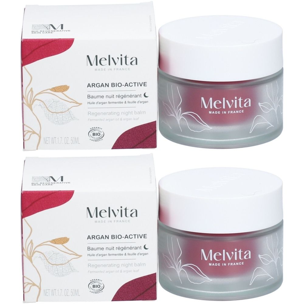 Deux pots et deux boîtes. Inscription : Melvita, Argan Bio-Active, Baume nuit régénérant. Label BIO. Fabriqué en France.