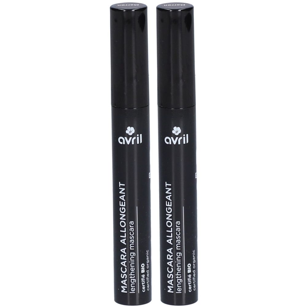 Deux tubes de mascara noirs. Inscription: AVRIL, MASCARA ALLONGEANT, lengthening mascara, certifié BIO, certified organic.