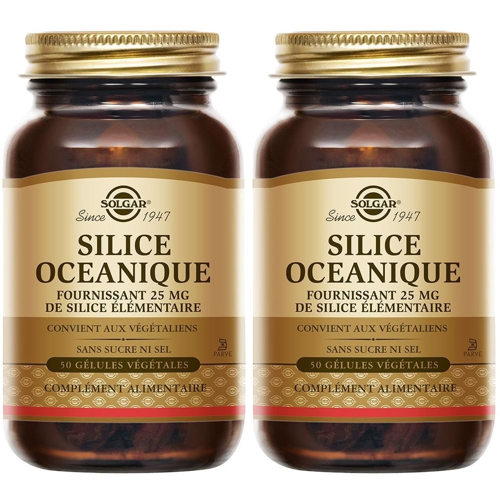 Deux flacons en verre brun avec des couvercles et étiquettes dorés. Les étiquettes indiquent "SILICE OCEANIQUE" et "SOLGAR".