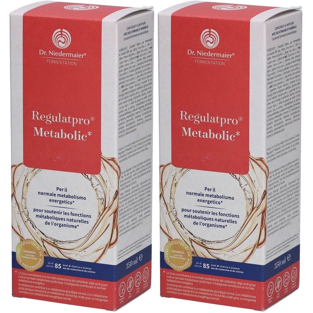 Deux boîtes de "Regulatpro Metabolic". Emballage rouge et blanc avec nom et logo du produit. 350ml.