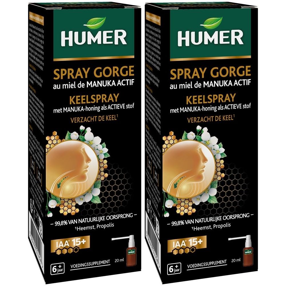 Deux boîtes de HUMER SPRAY GORGE. Inscription : Keelspray avec du miel de Manuka. Contient IAA 15+ et 6+. 20 ml.