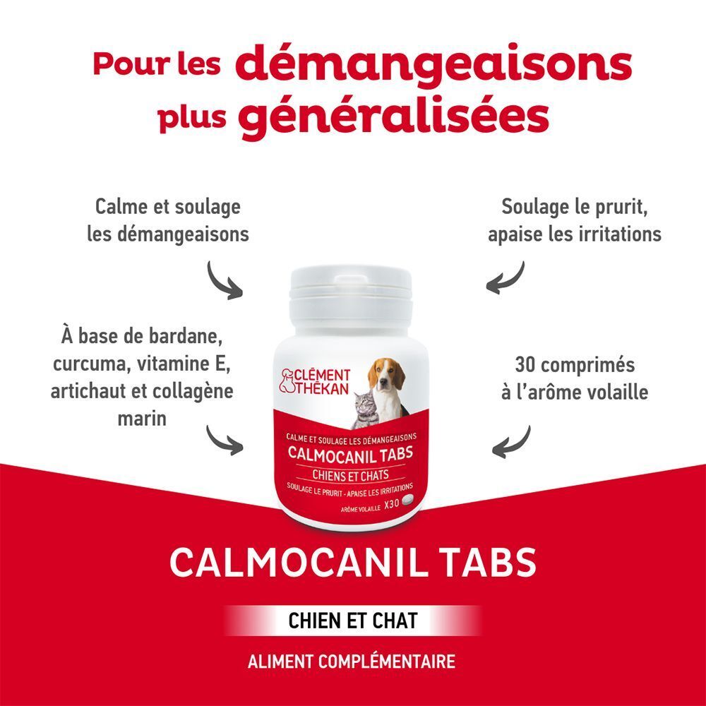 Clément Thekan Calmocanil Tabs : 30 comprimés, calmant, à base de bardane, curcuma, vitamine E, artichaut et collagène marin.