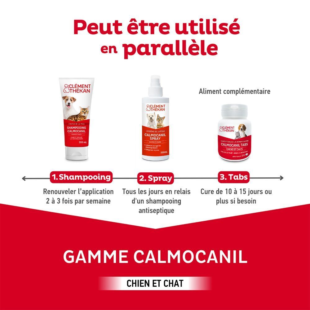 Gamme Clément Thekan Calmocanil : Shampooing, Spray et Comprimés pour chiens et chats.