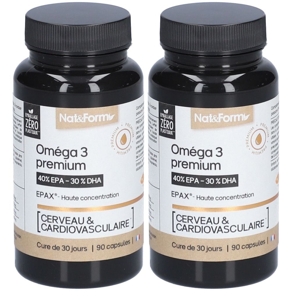 Deux flacons de Nat&Form Oméga 3 premium. Bouchon noir, étiquette blanche avec informations produit. Certification EPAX.