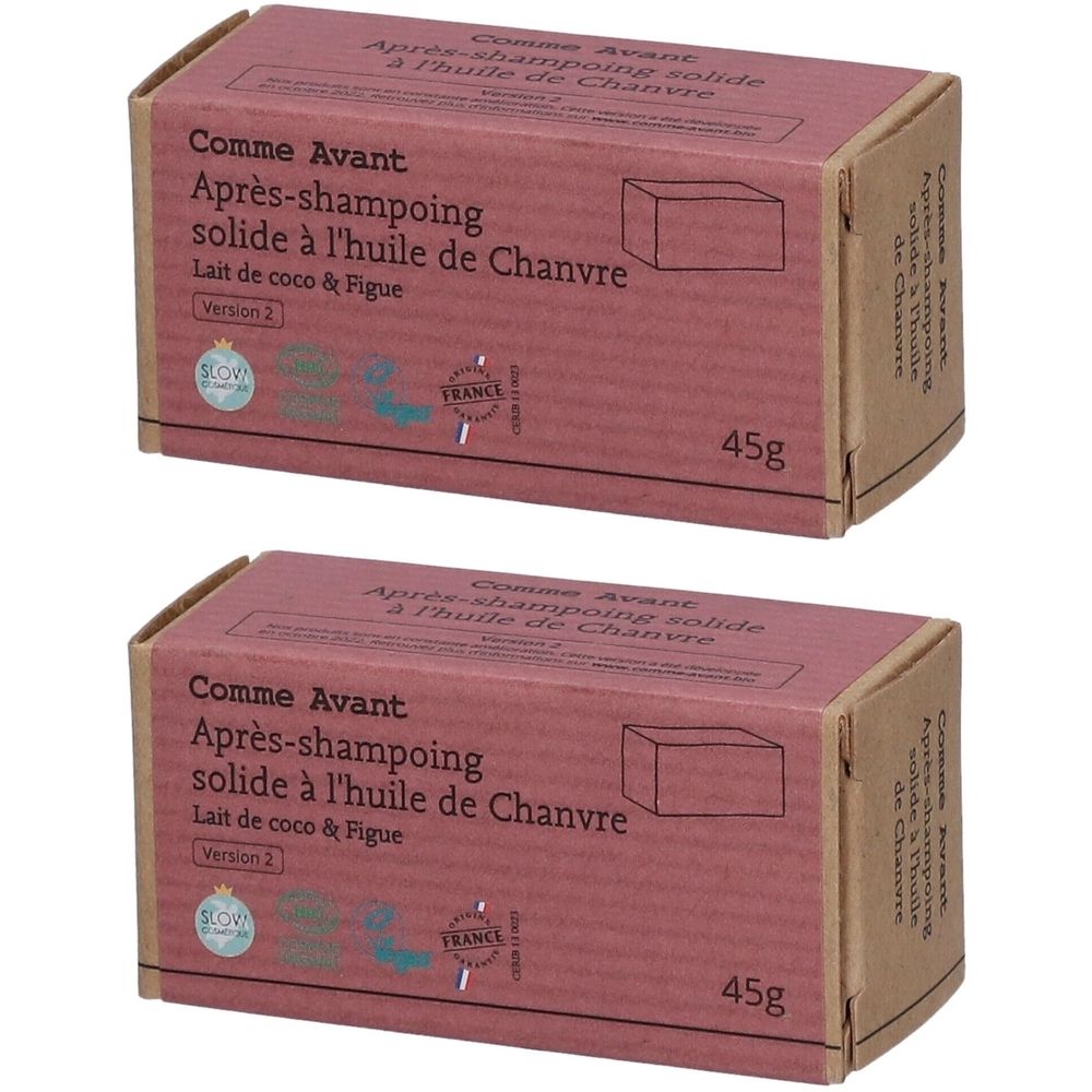 Deux boîtes rectangulaires avec l'inscription : Comme Avant Après-shampoing solide à l'huile de Chanvre. 45g. Version 2. Lait de coco & Figue.