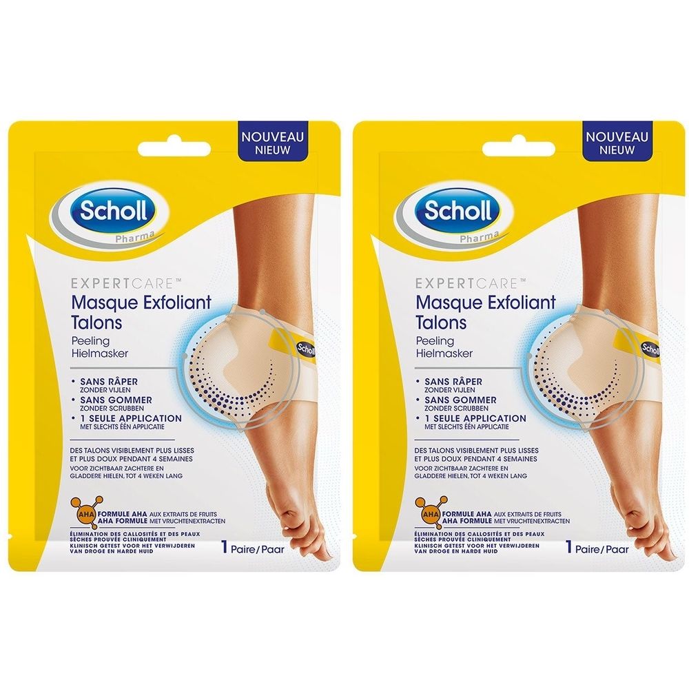 Deux paquets de masque pour les pieds Scholl Expertcare. Emballage jaune avec image du produit et texte. Inscription : Masque Exfoliant Talons.