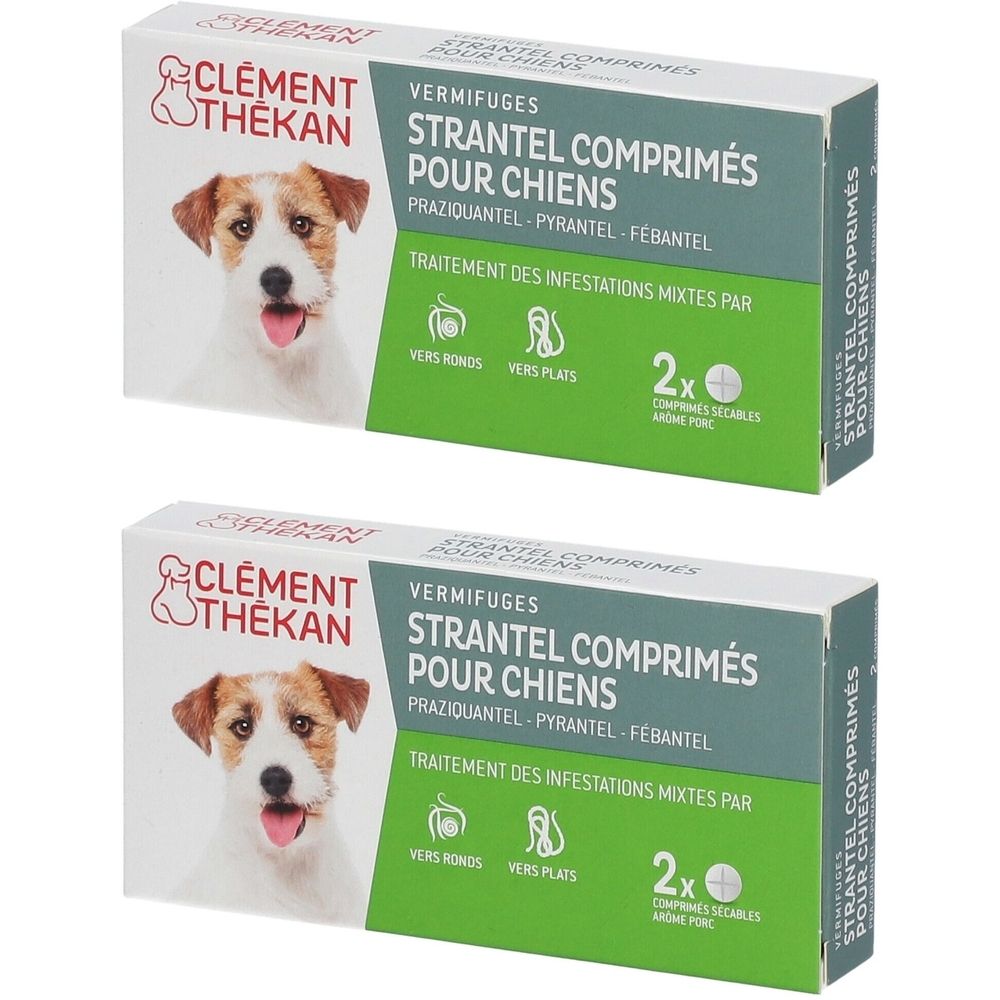 Deux boîtes de comprimés Strantel pour chiens. Marque Clement Thékan. Texte et image d'un chien sur l'emballage.