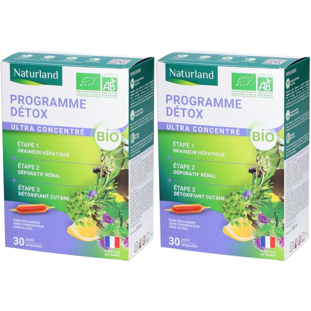 Deux boîtes de "Programme Détox BIO". Inscriptions : "Ultra concentré", "Étape 1", "Étape 2", "Étape 3", "30 jours". Label AB.