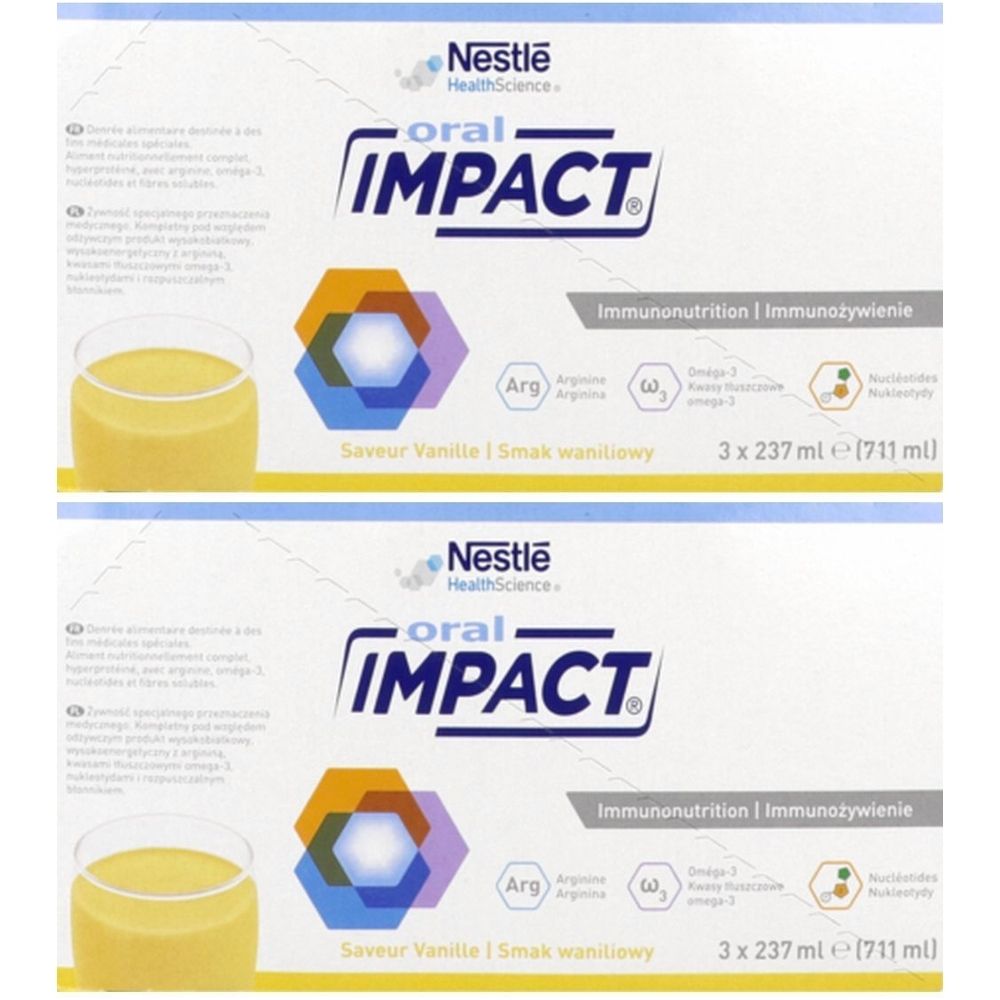 Emballage Oral Impact. Logo Nestlé Health Science. Contient 3 bouteilles de 237 ml. Saveur vanille.