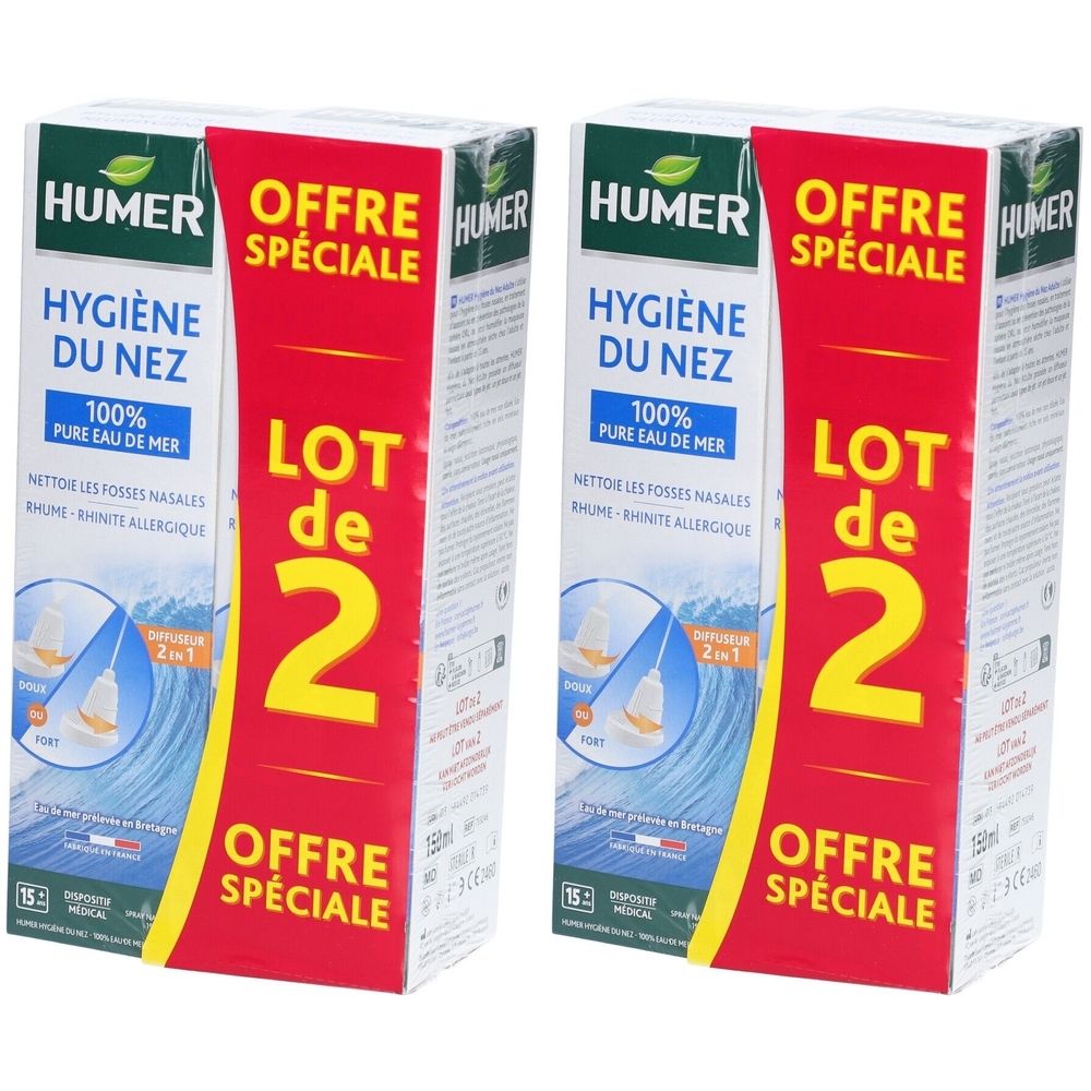 Deux boîtes de HUMER Hygiène du Nez. Emballage rouge et blanc avec informations produit et mention "LOT de 2". Offre spéciale.