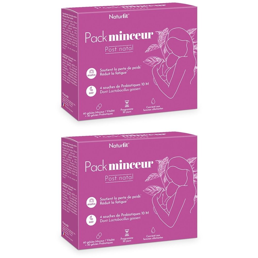 Deux boîtes violettes. Inscription: Naturfit, Pack minceur Post natal. Contient 4 souches de probiotiques. Convient aux femmes allaitantes.