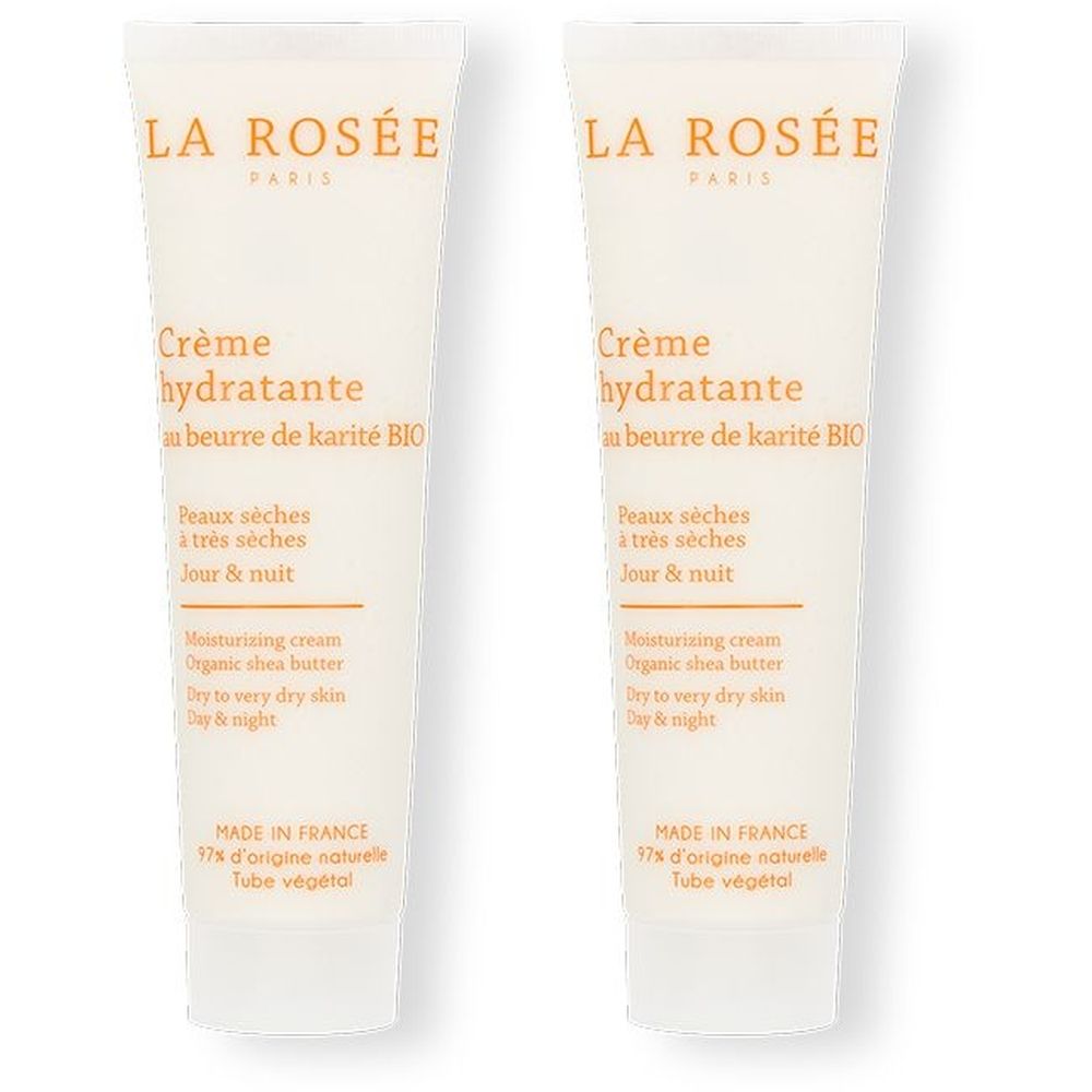 Deux tubes de crème hydratante La Rosée. Inscription : Crème hydratante au beurre de karité BIO. Pour peaux sèches. Jour & nuit. Fabriqué en France.