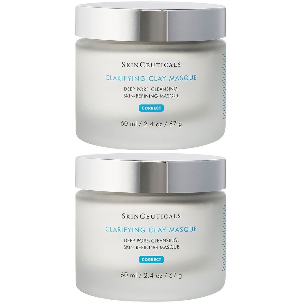 Deux pots de Clarifying Clay Masque Skinceuticals. Verre blanc, couvercle argenté. Texte: Clarifying Clay Masque, Deep Pore-Cleansing.