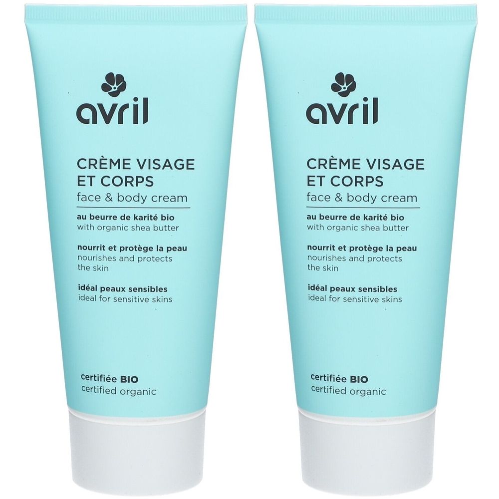 Deux tubes de crème visage et corps Avril, bleu clair. Inscription : Crème Visage & Corps, certifié BIO.