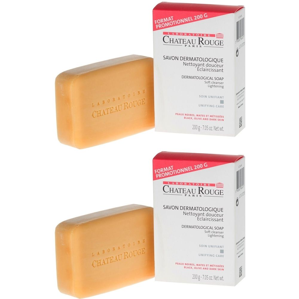 Deux savons et emballages. Inscription : SAVON DERMATOLOGIQUE, CHATEAU ROUGE. Emballage blanc et rouge.