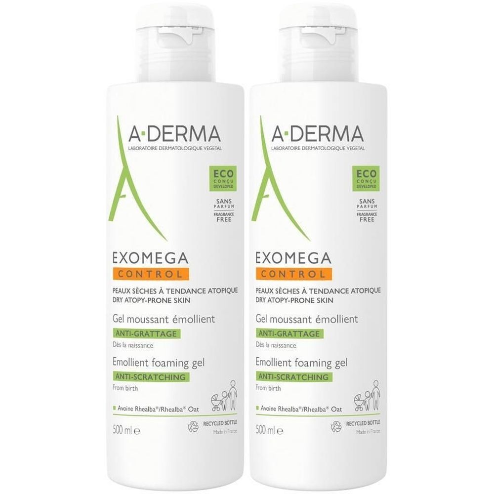 Deux flacons blancs A-DERMA EXOMEGA CONTROL. Gel moussant émollient, peau sèche. Certification écologique et sans parfum.