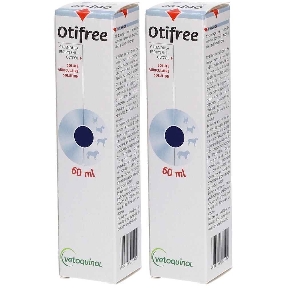 Deux boîtes blanches "Otifree". Inscription: Calendula, Propylene, Glycol, 60 ml. Logo: Vetoquinol.