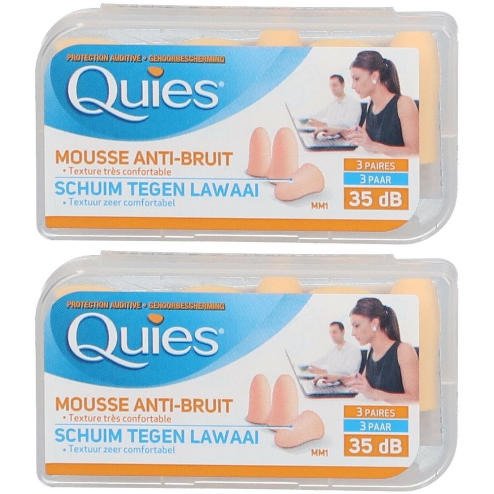 Deux boîtes de bouchons d'oreille Quies. Bouchons en mousse orange dans des boîtes en plastique transparentes. Texte en français et néerlandais.