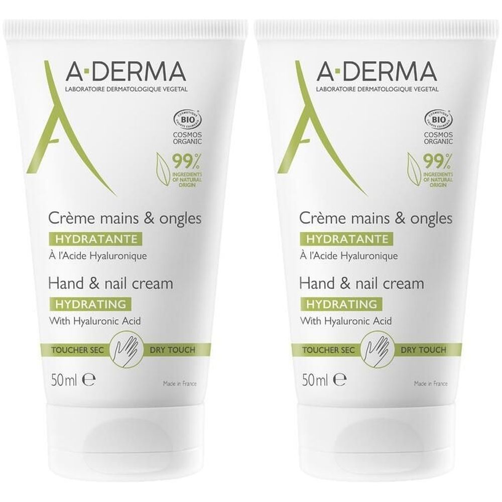 Deux tubes de crème mains et ongles. Blanc, avec texte et logo verts. Contient 99% d'ingrédients d'origine naturelle. 50ml.