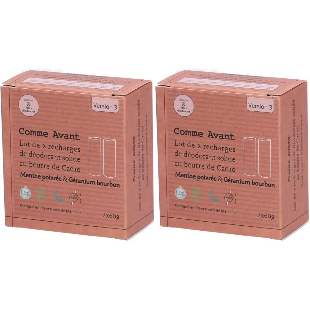 Deux boîtes Comme Avant, Lot de 2 recharges de déodorant solide, Menthe poivrée & Géranium bourbon. Version 3. 2x60g.