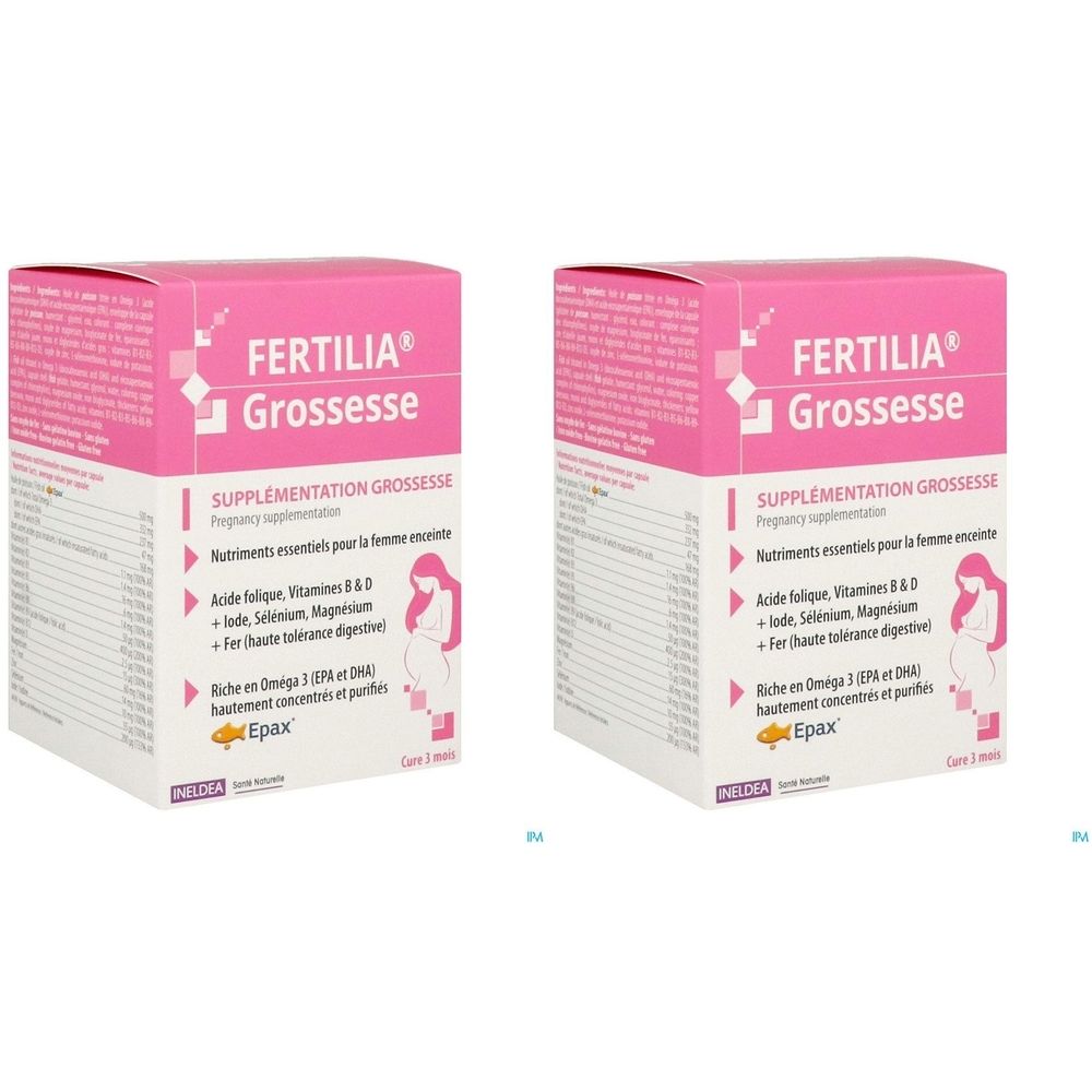 Deux boîtes roses FERTILIA Grossesse. Informations sur les compléments alimentaires pour femmes enceintes. Ingrédients et logo Epax visibles.